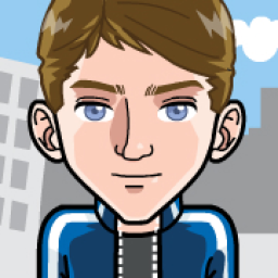 Ein Comic-Profilbils eines Manns mit dunkelblondem Haar, einem grauen Shirt und blauen Zipper mit weißen Streifen, vor einer Skyline.